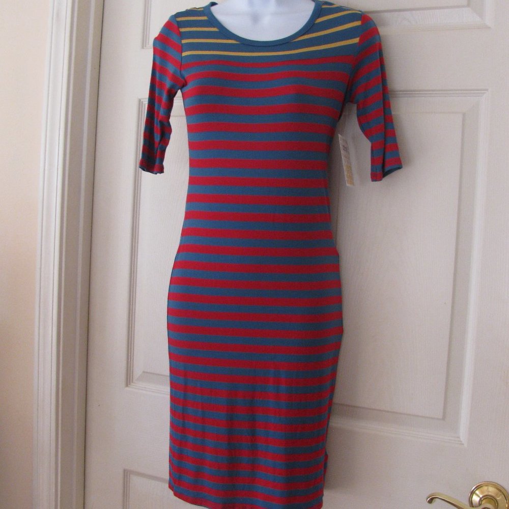 LuLaRoe Julia Dress XXS 2XS NWT $35 Red with Blue Stripes Bodycon - Picture 1 of 4